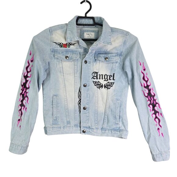 Womens Rue21 Light Wash Blue Denim Jacket W/ Pink Flames & Angel Graphic Size M - Picture 1 of 8